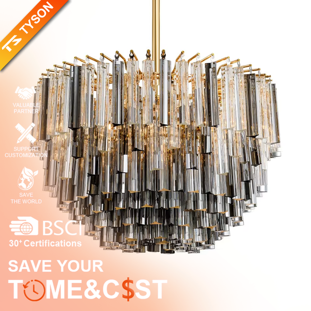 Modern Light Luxury Multi-layer Spherical Crystal Chandelier, Gold metal frame with layered transparent and black-gold crystal strips, serves both lighting and decorative purposes, ideal for living rooms, dining rooms, villas, hotel guest rooms and other light luxury spaces.