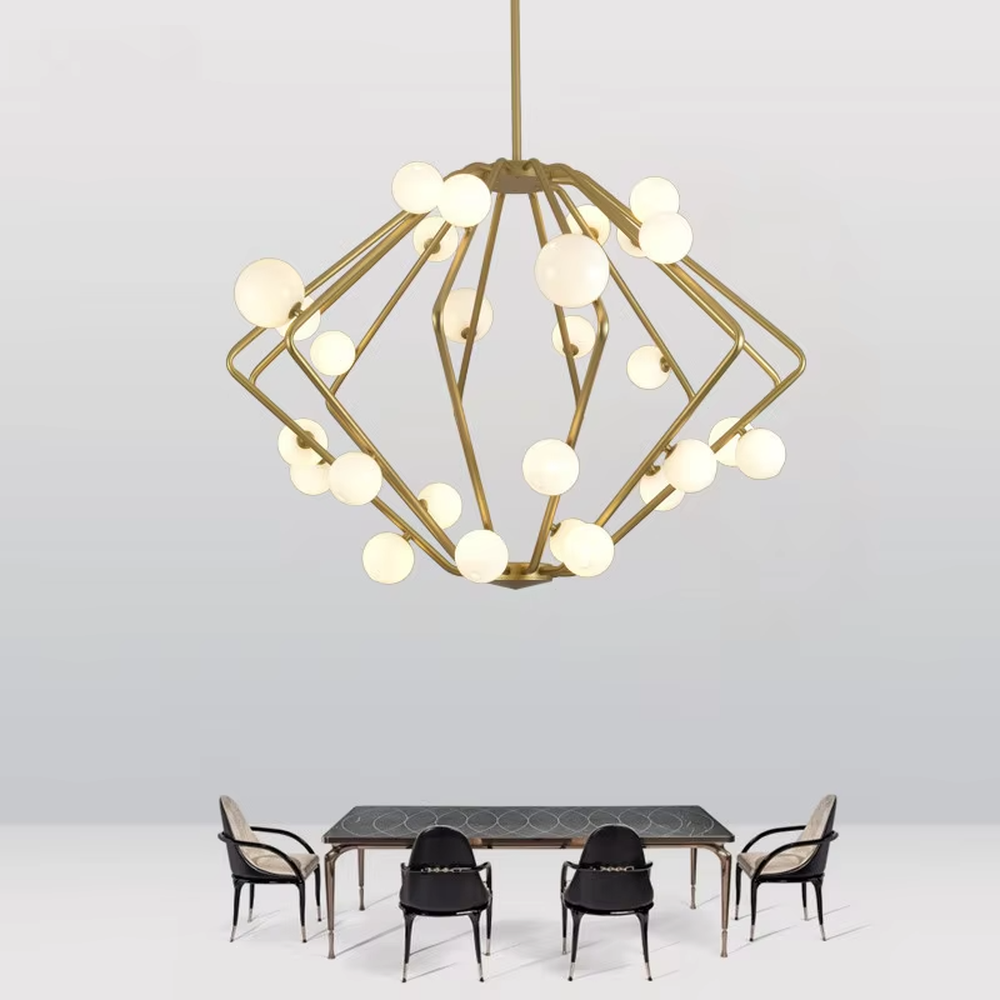 This light luxury rhombus cluster chandelier features a rhombus polyhedron frame made of gold metal, paired with white spherical lampshades, with soft and dreamy light, serving both lighting and decorative purposes, suitable for modern light luxury spaces such as living rooms and dining rooms.