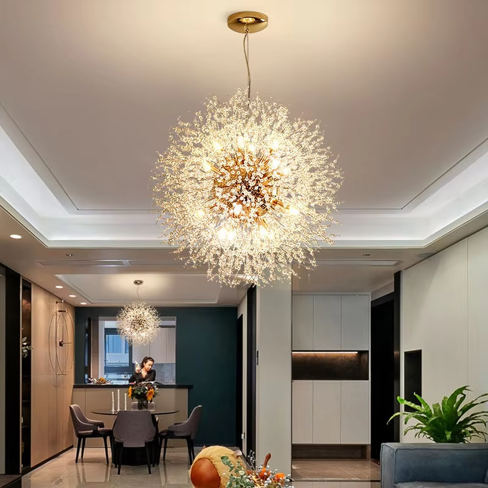 Light luxury dandelion-firework shaped spherical chandelier, with a gold metal frame and transparent luminous branch-leaf structure, emitting soft and brilliant light. It combines artistic decorativeness and lighting function, suitable for atmosphere creation and main lighting in living rooms, dining rooms, bedrooms and other spaces.