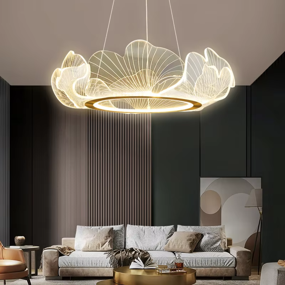 A new Chinese light luxury style ring chandelier, inspired by ginkgo leaves, crafted with a gold metal frame and translucent ginkgo leaf-shaped panels. It emits a soft and warm glow when lit, combining artistic decoration with lighting functionality, ideal for creating an elegant and poetic space atmosphere.
