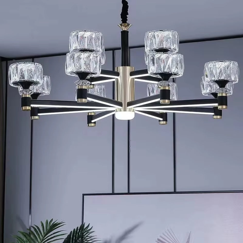 A modern light luxury style multi-head chandelier, featuring a gold metal frame paired with cut-texture crystal glass lampshades, with an additional auxiliary light source in the center. It emits a brilliant and soft glow when lit, combining decorative appeal with practical illumination, ideal for creating an exquisite and high-end space atmosphere.