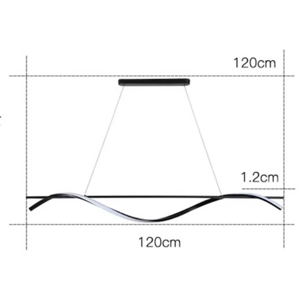 A modern minimalist wave-shaped linear LED chandelier, featuring a black metal frame with built-in soft LED strips, shaped like flowing water wave lines, combining lighting and decorative functions, ideal for creating a minimalist and sophisticated space atmosphere.