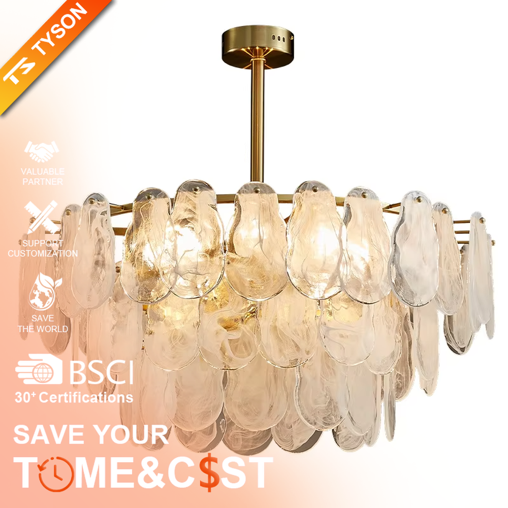 A modern light luxury style ring chandelier, featuring a gold metal frame with layered gradient glass petal panels. It emits a soft and warm glow when lit, combining decorative appeal with practical illumination, ideal for creating an elegant and sophisticated space atmosphere.