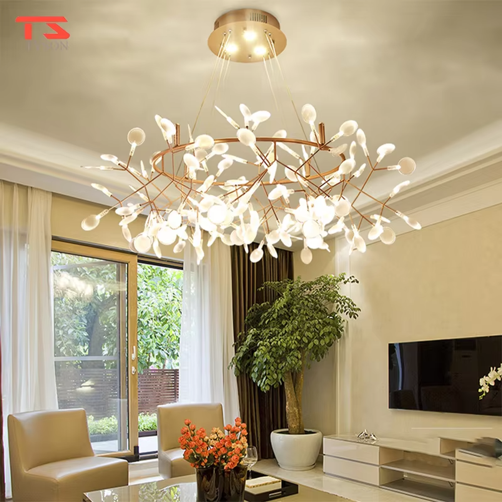 A modern light luxury style firefly branch chandelier, featuring a bionic branch frame made of gold metal, paired with multiple white light-emitting points, shaped like fireflies perched on branches on a summer night. It emits a soft and dynamic glow when lit, combining decorative appeal with practical illumination, ideal for creating a romantic and healing space atmosphere.