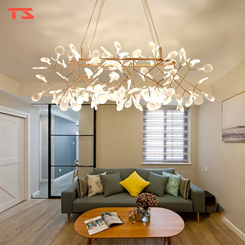 A modern light luxury style firefly branch chandelier, featuring a bionic branch frame made of gold metal, paired with multiple white light-emitting points, shaped like fireflies perched on branches on a summer night. It emits a soft and dynamic glow when lit, combining decorative appeal with practical illumination, ideal for creating a romantic and healing space atmosphere.