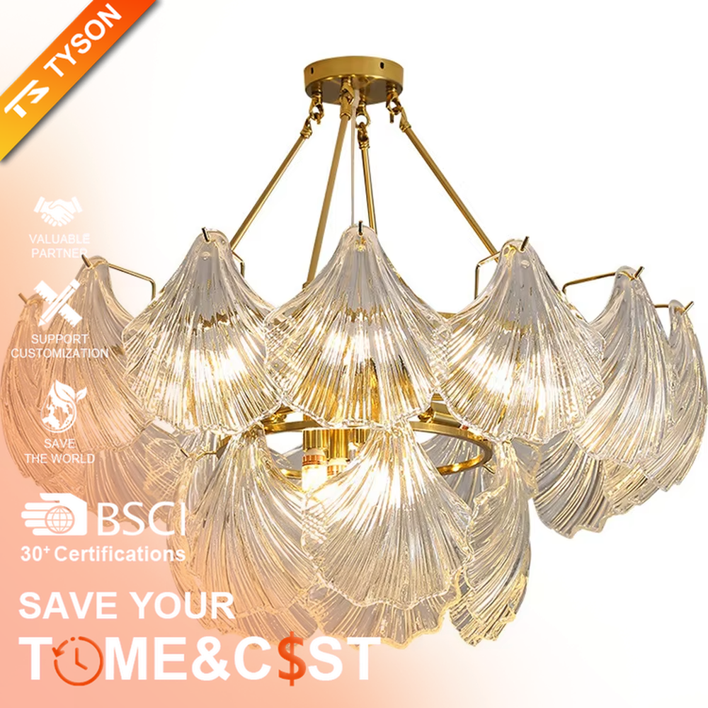 A modern light luxury style art chandelier, featuring a gold metal frame paired with multi-layered fan-shaped textured transparent glass panels, shaped like overlapping ginkgo leaves in bloom. It emits a soft and brilliant glow when lit, combining decorative appeal with practical illumination, ideal for creating a romantic and elegant space atmosphere.
