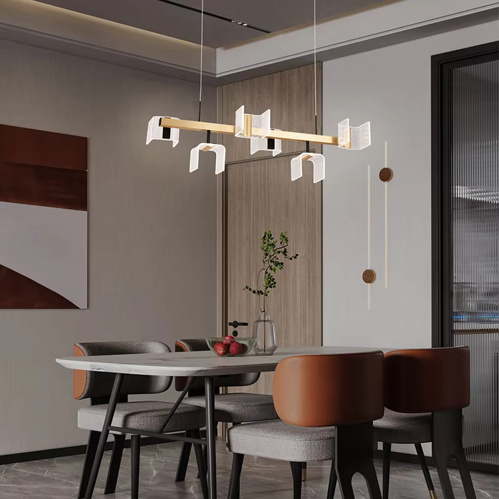 Modern light luxury geometric square chandelier, featuring a black and gold two-tone metal frame and acrylic glowing lampshades with gradient line textures, creating a layered visual effect. It is an artistic lighting fixture that combines decorative and functional lighting.