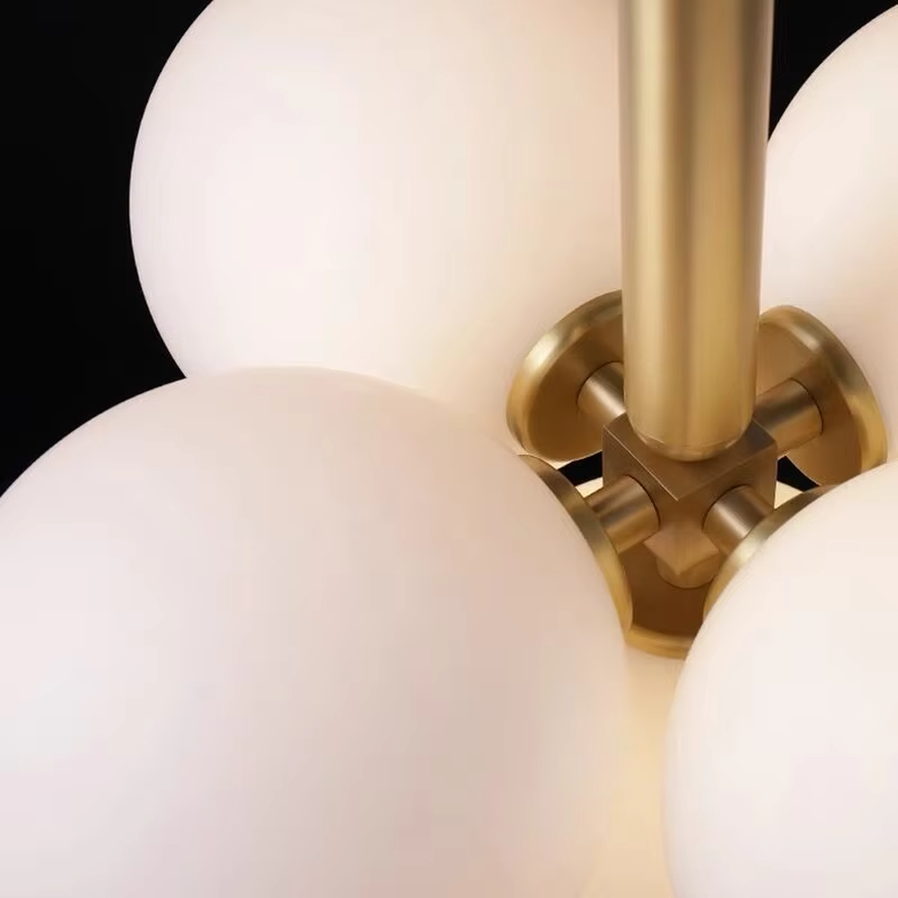 Modern light luxury cloud-shaped chandelier, with a golden metal frame and milky white frosted glass ball lampshades stacked into a full cloud shape, featuring soft and warm light, combining decorative and lighting functions, suitable for living rooms, dining rooms, bedrooms and other modern style spaces.