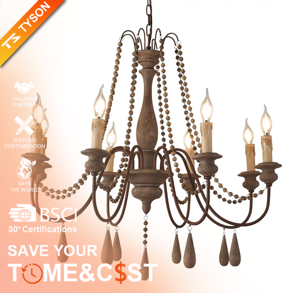 A French country retro style 6-head chandelier, featuring a weathered solid wood main frame paired with iron lamp arms, wooden bead chains and teardrop pendants, using candle-shaped bulbs. It emits a warm and soft glow when lit, combining decorative appeal with practical illumination, ideal for creating a cozy and retro space atmosphere.