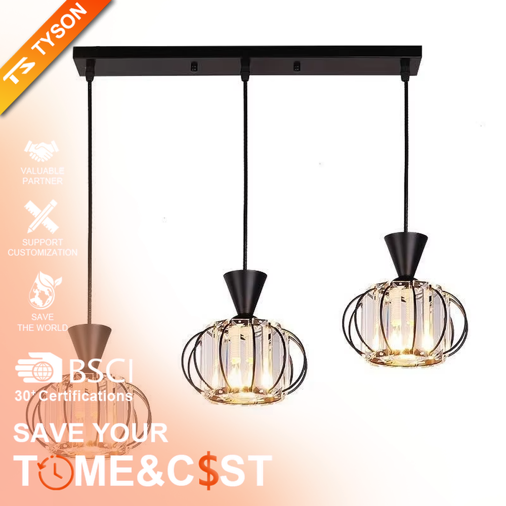 A modern industrial-style 3-head chandelier, featuring a staggered spherical cage frame made of black iron, paired with striped glass lampshades. It emits a soft and transparent glow when lit, combining decorative appeal with practical illumination, ideal for creating a bold and minimalist space atmosphere.