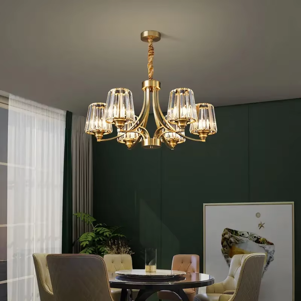 Modern Light Luxury Branch Crystal Chandelier, Gold Metal Frame with Transparent Ribbed Crystal Shades, Serves Both Lighting and Decorative Purposes, Ideal for Living Rooms, Dining Rooms, Villas and Other Light Luxury Spaces.