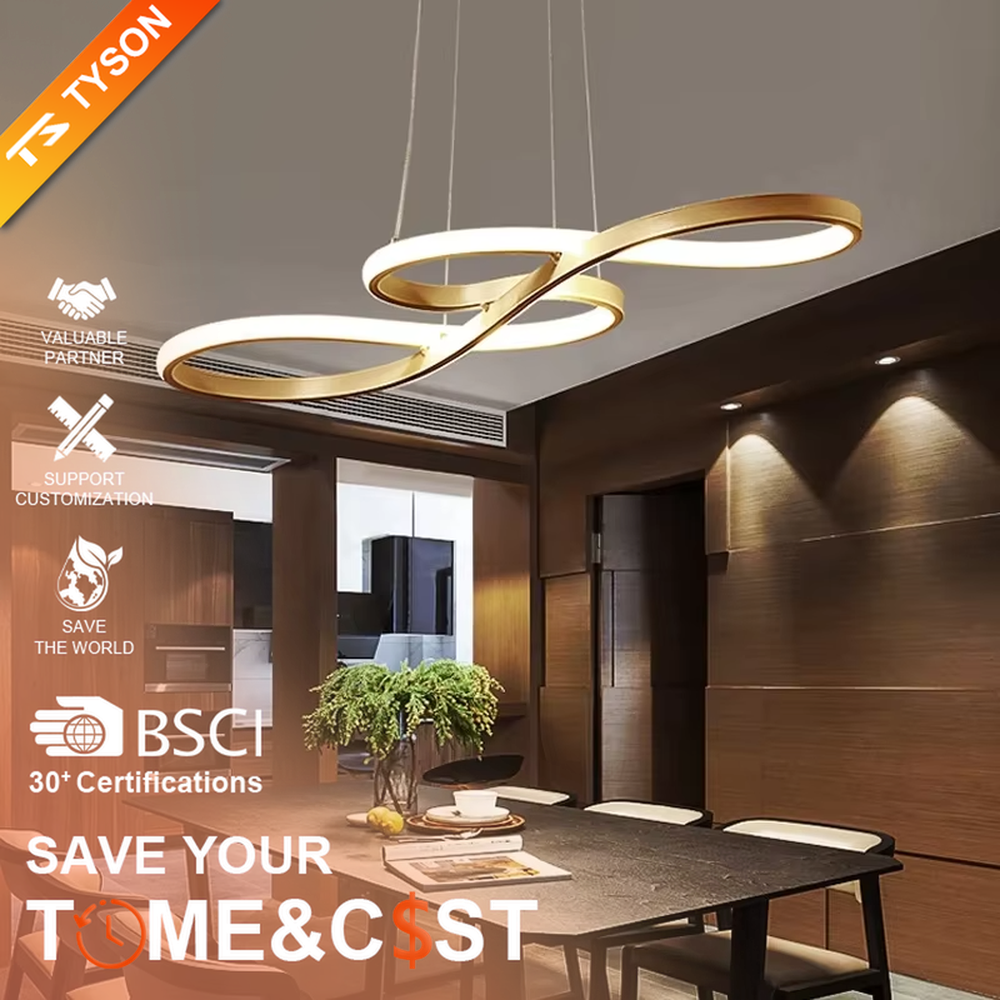 A modern light luxury style double-loop interwoven LED chandelier, featuring a smooth interwoven ring frame made of gold metal, with built-in high-brightness LED strips. It emits a soft and uniform glow when lit, combining decorative appeal with practical illumination, ideal for creating a minimalist and sophisticated space atmosphere.