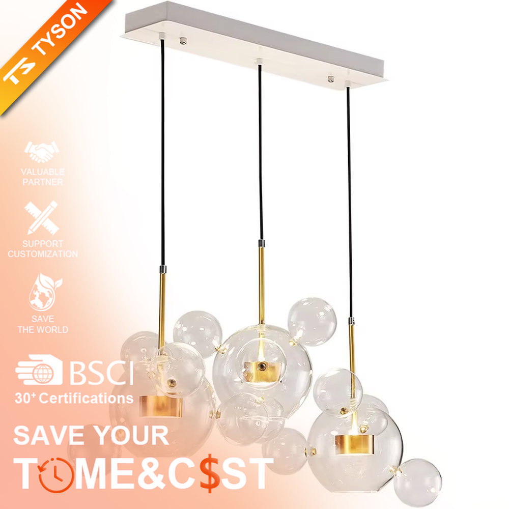 A modern light luxury style bubble-shaped chandelier, suspended by gold wires, paired with transparent glass bubble lampshades of varying sizes. It emits a soft and transparent glow when lit, combining decorative appeal with practical illumination, ideal for creating a dreamy and light space atmosphere.