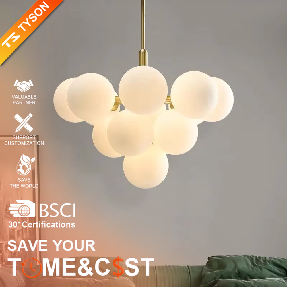 Modern light luxury cloud-shaped chandelier, with a golden metal frame and milky white frosted glass ball lampshades stacked into a full cloud shape, featuring soft and warm light, combining decorative and lighting functions, suitable for living rooms, dining rooms, bedrooms and other modern style spaces.