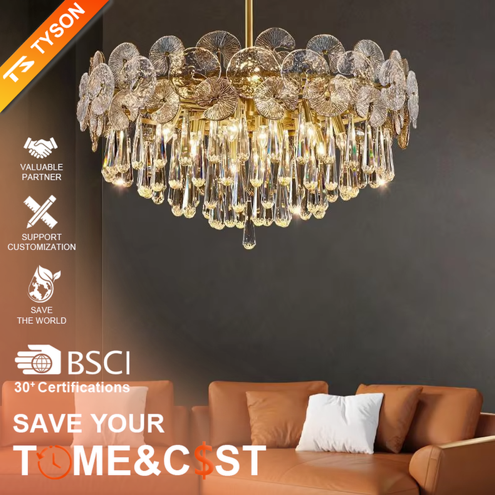 Modern light luxury double-layer crystal chandelier, with a gold metal frame paired with fan-shaped textured crystal slices and cascading crystal columns, emitting brilliant and luxurious light, combining artistic decorativeness and lighting function, suitable for core lighting and atmosphere creation in spaces such as dining rooms, living rooms, and villas.