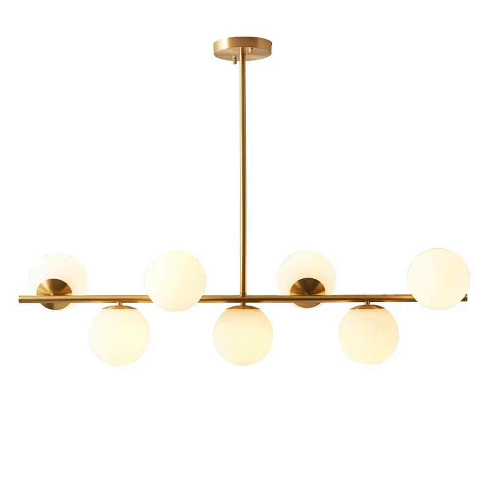 A modern light luxury style linear molecular ball chandelier, featuring a gold metal frame paired with asymmetrically arranged milky white glass glowing spheres. It emits a soft and uniform glow when lit, combining decorative appeal with practical illumination, ideal for creating a minimalist and sophisticated space atmosphere.