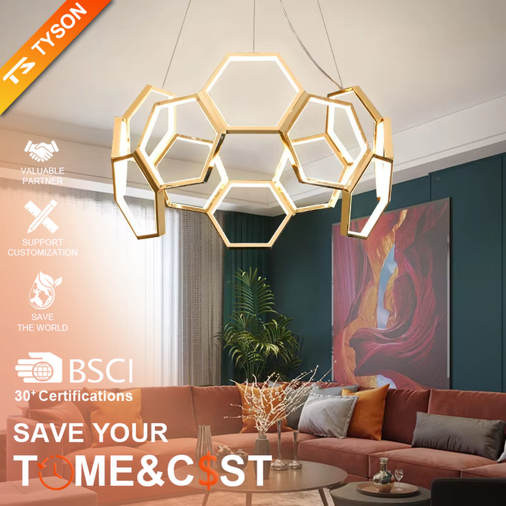 A modern light luxury style honeycomb-shaped chandelier, featuring a honeycomb geometric frame made of gold metal with built-in LED strips. It emits soft and uniform light when lit, combining artistic decoration with lighting functionality, ideal for creating a high-end and futuristic space atmosphere.
