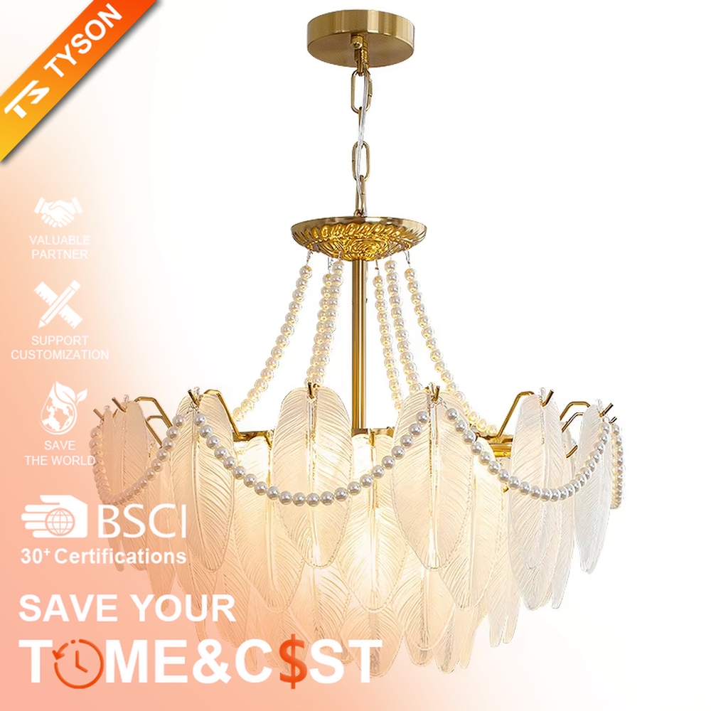 A French light luxury style feather glass chandelier, featuring a gold metal frame paired with double-layer feather-textured glass panels and pearl chain decorations. It emits a soft and warm glow when lit, combining decorative appeal with practical illumination, ideal for creating a romantic and elegant space atmosphere.
