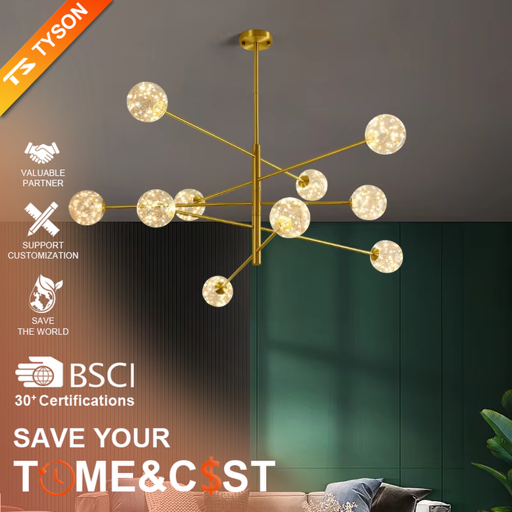 Modern light luxury starry sky molecular ball chandelier, with golden metal branch frame paired with starry sky effect glass ball lampshades, shaped like interstellar molecular clusters, featuring brilliant and soft light, combining decorative and lighting functions, suitable for living rooms, dining rooms, light luxury style spaces.