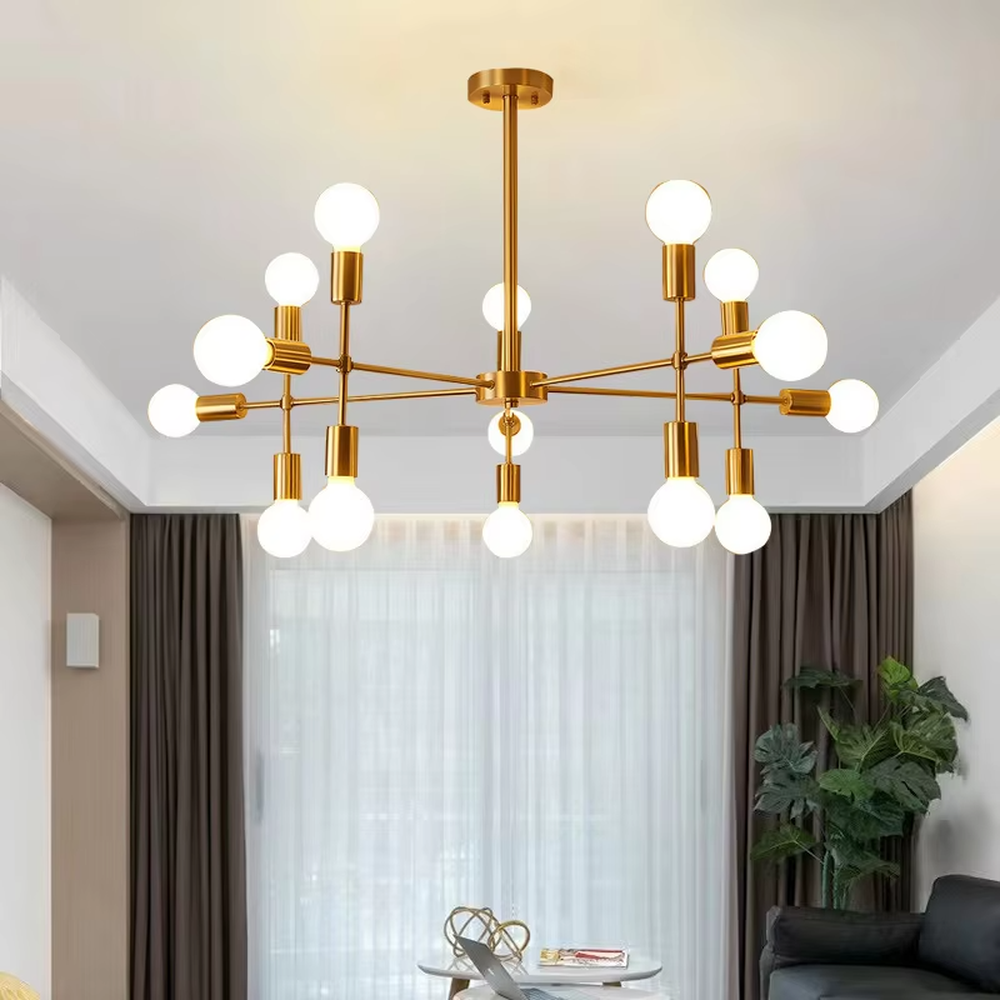 Modern light luxury molecular structure chandelier, with golden metal branches and milky white glass ball lampshades, the shape is flexible like interstellar molecules, featuring soft and uniform light, combining decorative and lighting functions, suitable for living rooms, dining rooms, light luxury style spaces.