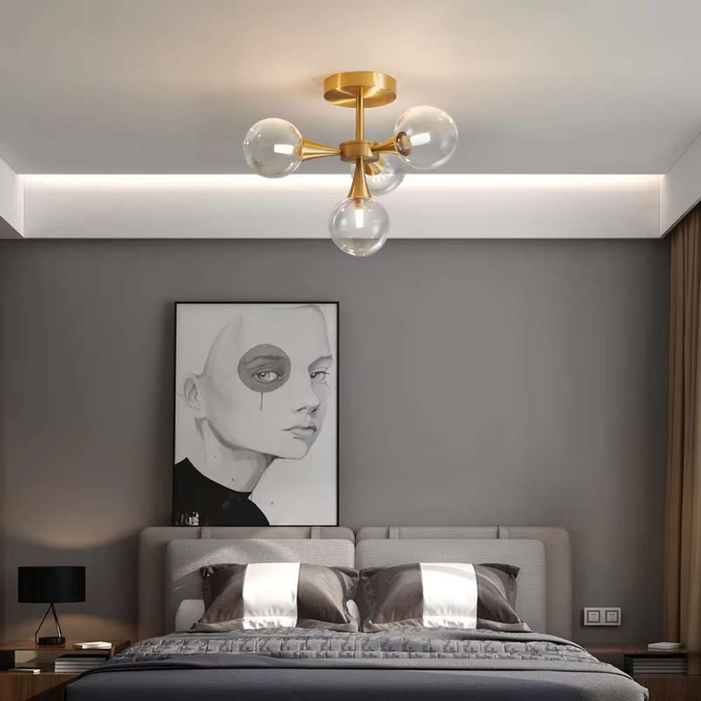 Modern minimalist molecular ball semi-flush mount ceiling light, with a golden metal frame and milky white glass ball lampshades, featuring soft and uniform light, combining decorative and lighting functions, suitable for bedrooms, studies, small living rooms and other modern style spaces with low floor heights.