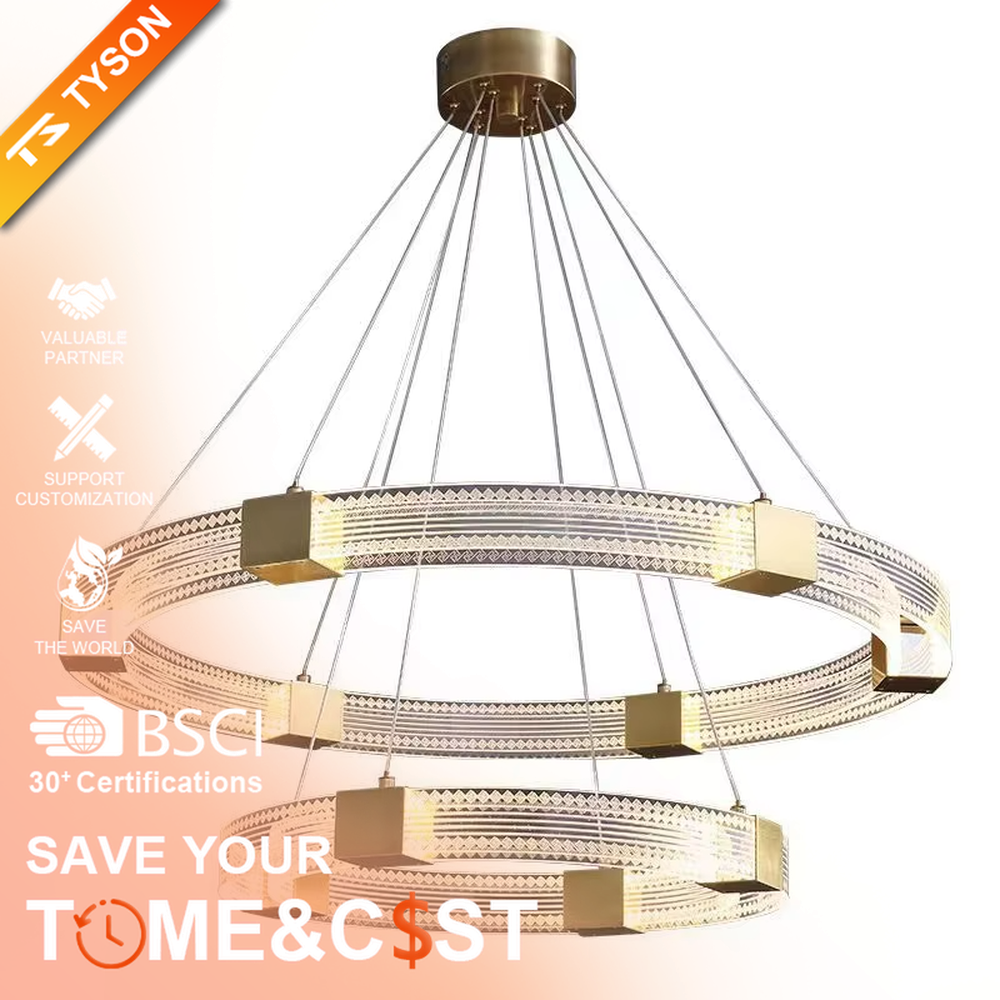 A modern light luxury style double-layer ring chandelier, decorated with gold metal squares and paired with diamond-textured transparent rings. The built-in LED strip emits a soft and brilliant glow when lit, combining decorative appeal with practical illumination, ideal for creating a high-end minimalist space atmosphere.