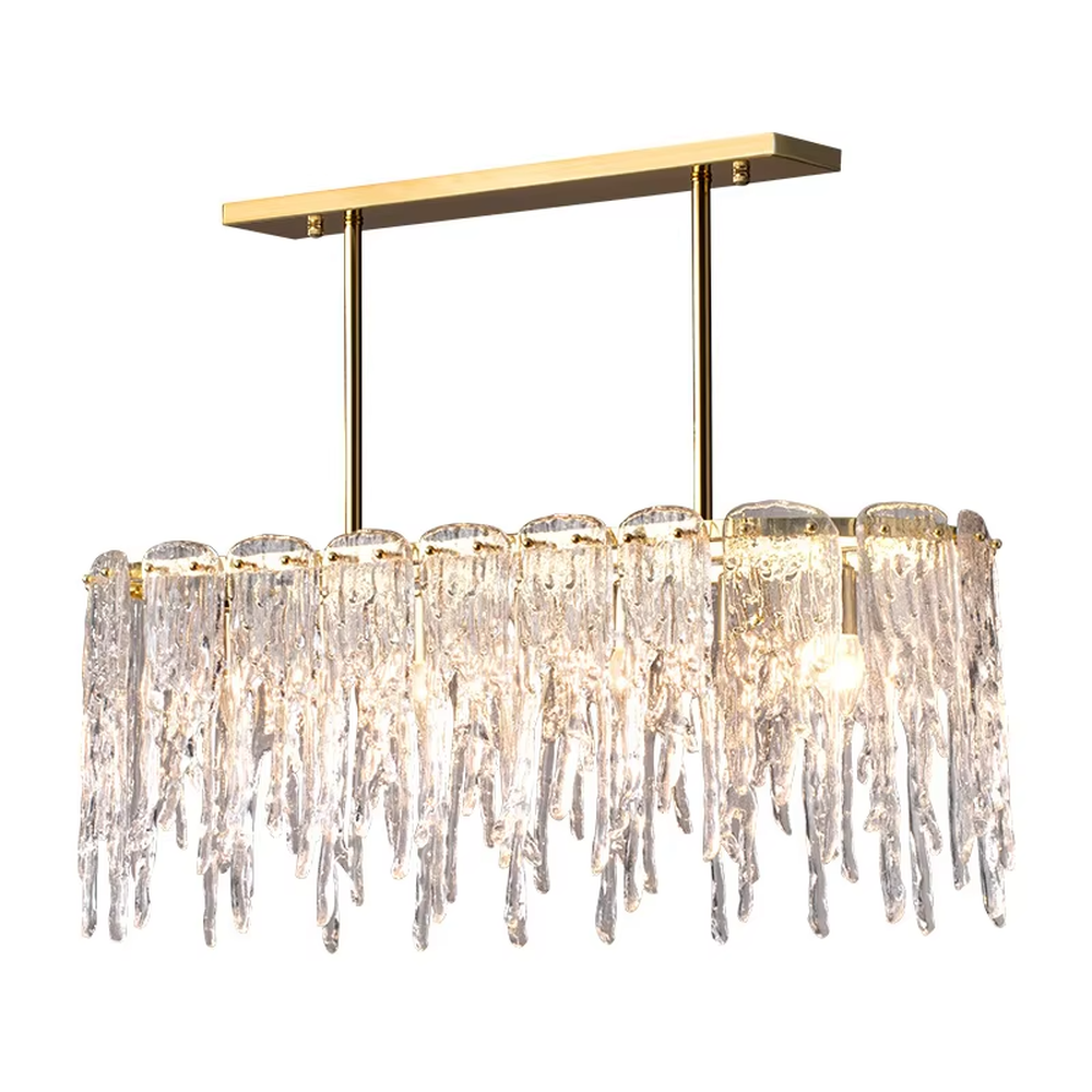 This modern light luxury linear chandelier features a gold metal frame paired with icicle-shaped transparent crystal pendants. Light refracts through the crystals to emit a brilliant and soft glow, serving both lighting and decorative purposes, suitable for modern light luxury spaces such as dining rooms and villa living rooms.