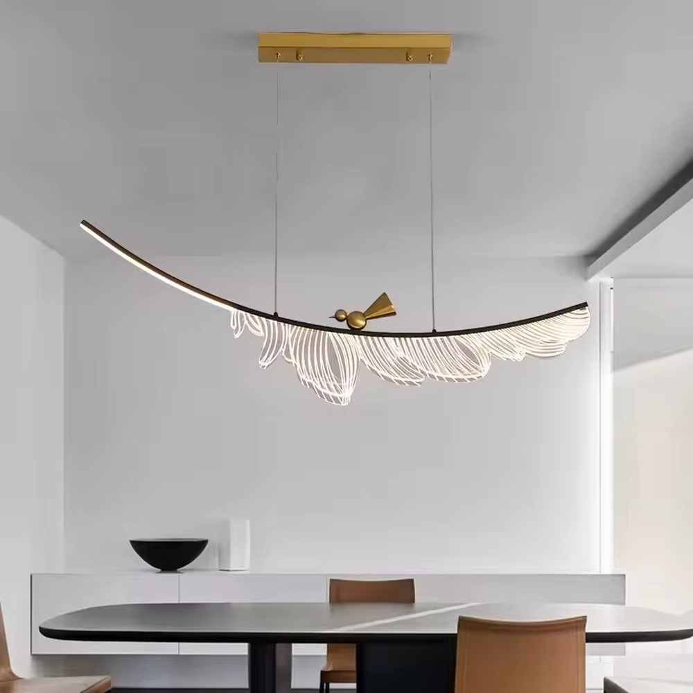This is a light luxury art-style feather-shaped chandelier, with a black curved metal frame supporting a white light-transmitting feather-shaped lamp body, accented with gold decorations, presenting a dynamic and elegant visual effect, with both decorative and lighting functions, ideal for high-end indoor spaces such as dining rooms and living rooms.