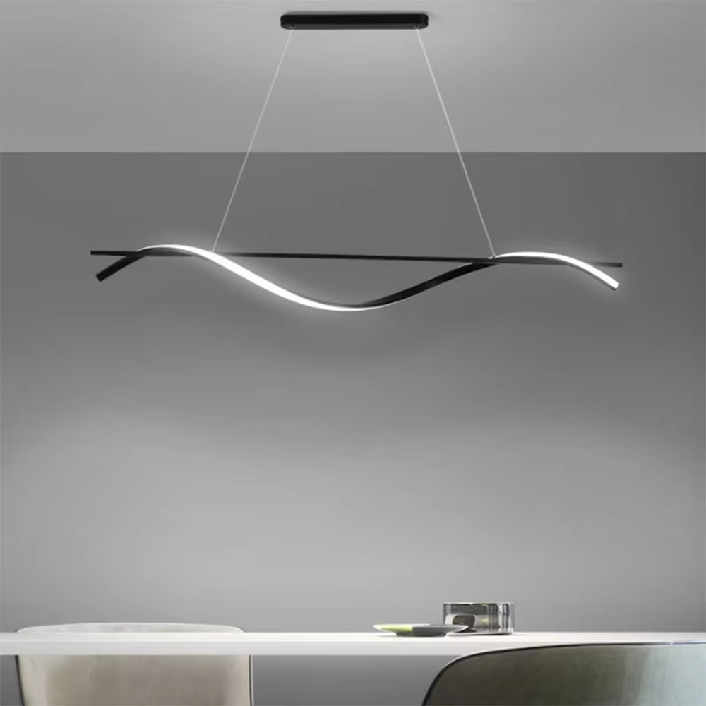 A modern minimalist wave-shaped linear LED chandelier, featuring a black metal frame with built-in soft LED strips, shaped like flowing water wave lines, combining lighting and decorative functions, ideal for creating a minimalist and sophisticated space atmosphere.