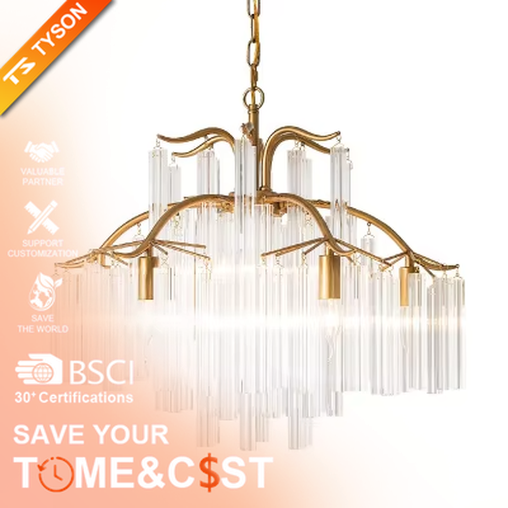 This light luxury golden branch cloud waterfall chandelier features a cloud shape made of golden branch-like metal frames and transparent crystal strips, with light refracting a soft halo through the crystals, serving both lighting and decorative purposes, suitable for modern light luxury spaces such as living rooms and dining rooms.
