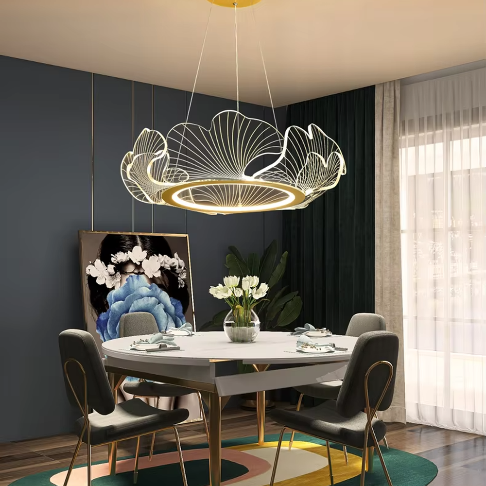 A new Chinese light luxury style ring chandelier, inspired by ginkgo leaves, crafted with a gold metal frame and translucent ginkgo leaf-shaped panels. It emits a soft and warm glow when lit, combining artistic decoration with lighting functionality, ideal for creating an elegant and poetic space atmosphere.
