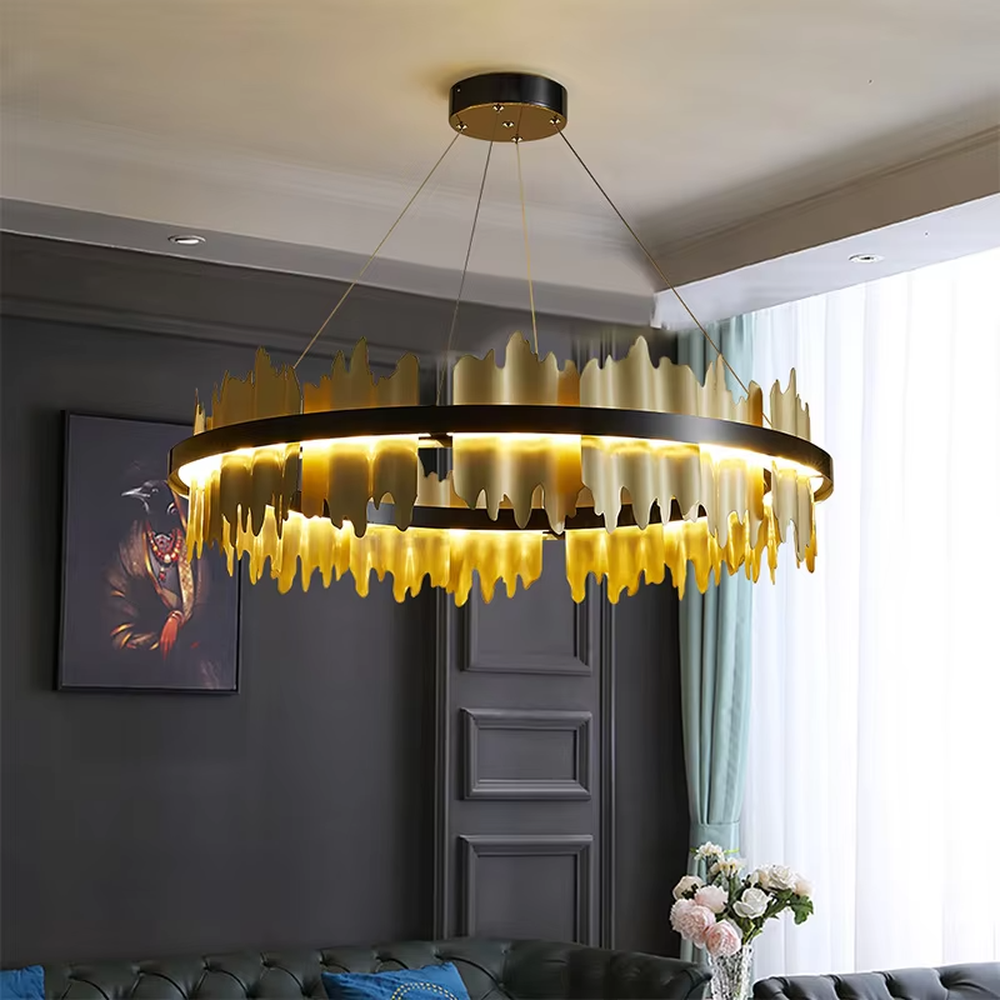 A light luxury and glamorous double-layer ring chandelier, featuring a gold metal frame paired with irregular black hanging glass panels. It emits a brilliant yet soft glow when lit, combining decorative appeal with practical illumination, ideal for creating a high-end and mysterious space atmosphere.