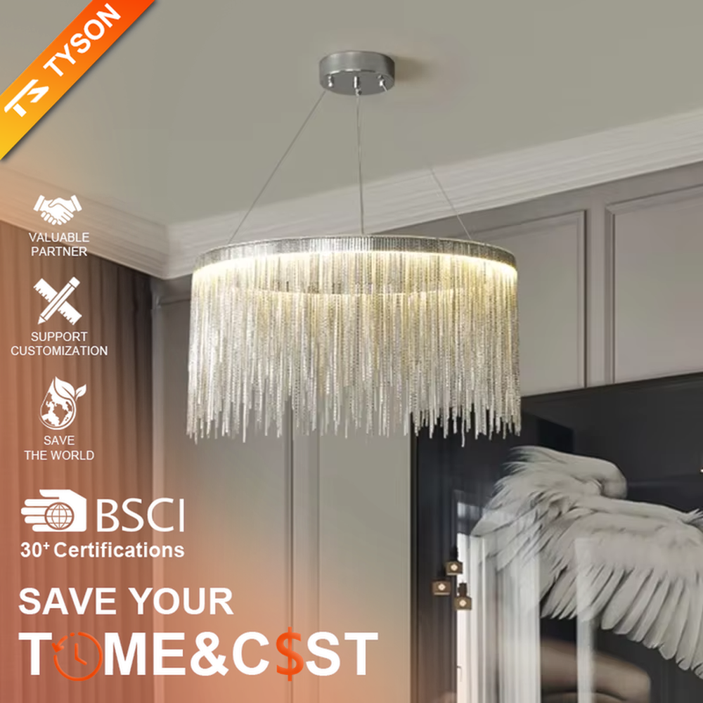 Light luxury metal tassel chandelier, crafted with copper-gold metal strips to create a cascading tassel shape. Light passes through the metal strips to produce a warm, layered lighting effect, making it a high-end decorative lighting fixture that combines artistry and ambiance.