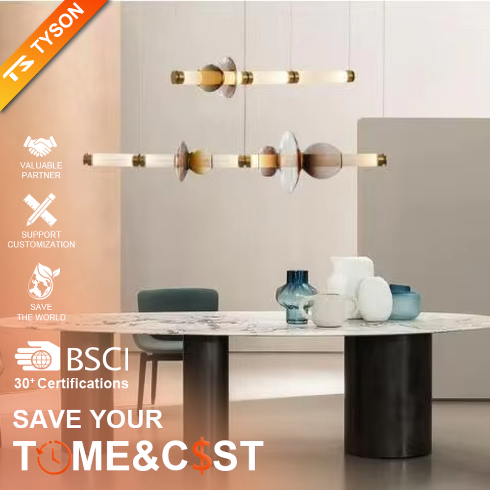 Modern art style copper metal + gradient glass modular chandelier, composed of linear light tubes, gradient glass discs and copper metal modules, shaped like a suspended geometric installation, featuring soft and layered light, combining decorative and lighting functions, suitable for art galleries, high-end restaurants, light luxury living rooms and other modern style spaces.