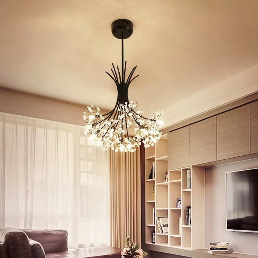 This is a modern light luxury firework-shaped chandelier, featuring a gold metal branch structure paired with transparent crystal decorations, as brilliant and dynamic as a blooming dandelion. It emits soft and warm light, serving both lighting and artistic decoration purposes, suitable for light luxury dining rooms, villa living rooms, high-end clubs, showrooms and other scenarios.