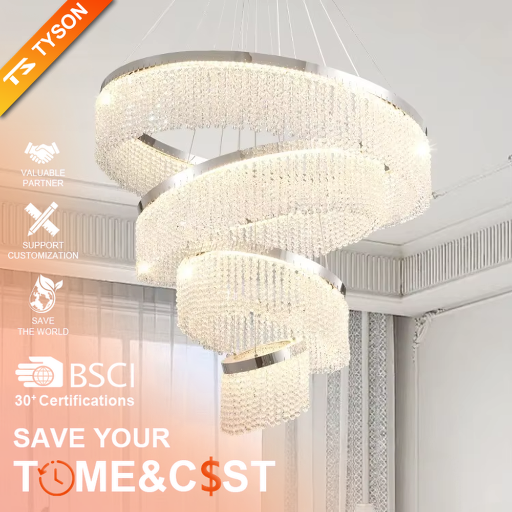 Modern light luxury double-ring spiral crystal chandelier, composed of dense crystal particles and a silver metal frame, presenting a flowing spiral shape. It emits brilliant and soft light, combining artistic decorativeness and lighting function, suitable for core lighting and atmosphere creation in living rooms, dining rooms, villa high-ceiling spaces, etc.