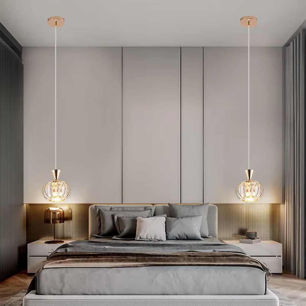 A modern industrial-style 3-head chandelier, featuring a staggered spherical cage frame made of black iron, paired with striped glass lampshades. It emits a soft and transparent glow when lit, combining decorative appeal with practical illumination, ideal for creating a bold and minimalist space atmosphere.