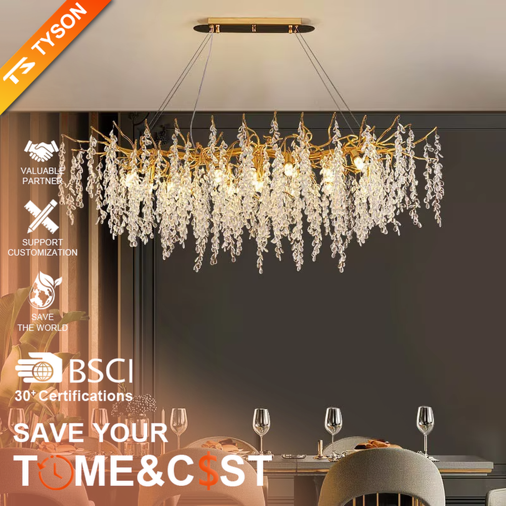 This is a light luxury art-style branch-shaped crystal chandelier, with a gold metal branch frame paired with densely hanging crystal pendants, presenting a dynamic flower cluster blooming effect, with both decorative and lighting functions, ideal for high-end indoor spaces such as living rooms and dining rooms.