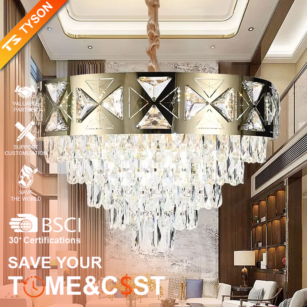 This is a luxurious round crystal chandelier, with a gold metal frame inlaid with cut crystal decorations, and cascading crystal strips hanging below, featuring brilliant and soft light, both decorative and lighting functions, ideal for high-end indoor spaces such as living rooms and dining rooms.