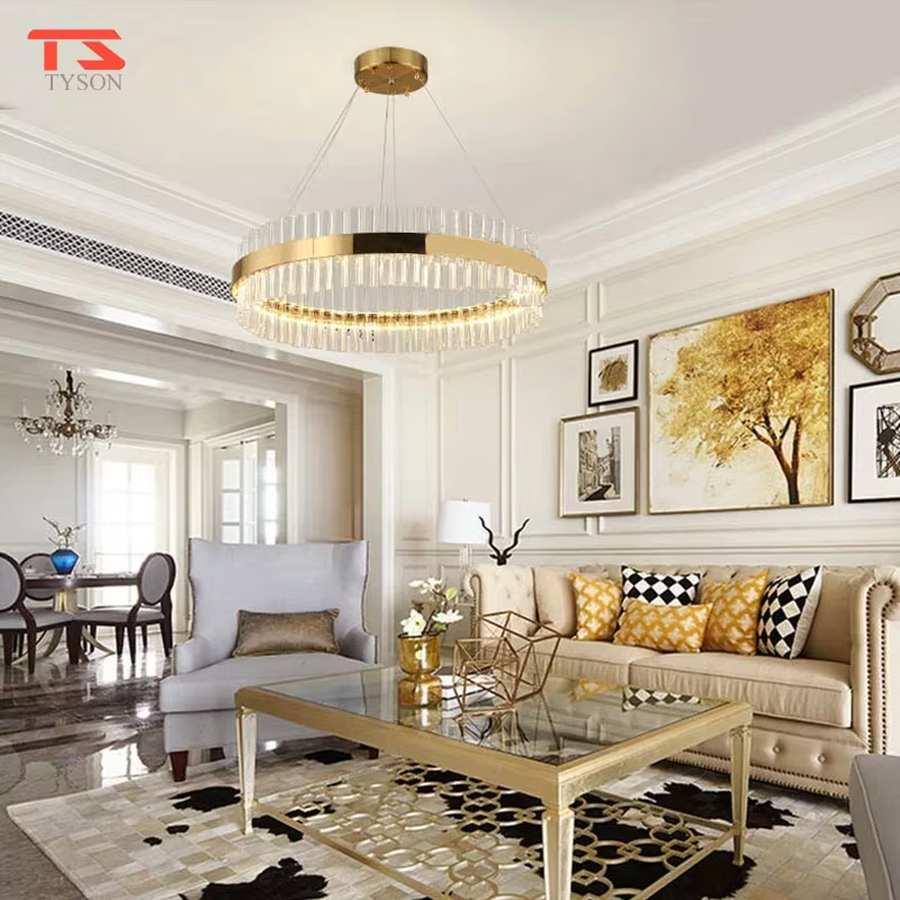Modern Light Luxury Double-Layer Round Crystal Chandelier, Gold metal ring frame with double-layer suspended transparent crystal strips, serves both lighting and decorative purposes, ideal for living rooms, dining rooms, villas, hotel lobbies and other light luxury spaces.