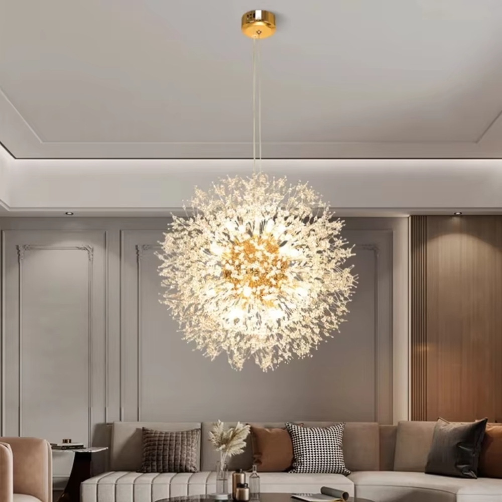 Light luxury style dandelion-shaped chandelier, composed of a gold metal frame and a transparent luminous branch and leaf structure, presenting a spherical blooming effect. It emits soft and bright light, combining artistry and lighting function, suitable for atmosphere creation and main lighting in living rooms, dining rooms, bedrooms and other spaces.