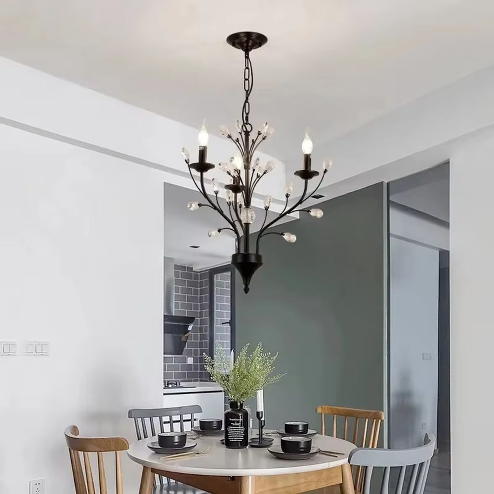 A modern light luxury and retro combined branch chandelier, featuring an extended multi-layer branch structure made of dark brown metal, adorned with crystal particles and candle-shaped bulbs. It emits a brilliant yet soft glow when lit, combining decorative appeal with practical illumination, ideal for creating a romantic and sophisticated space atmosphere.