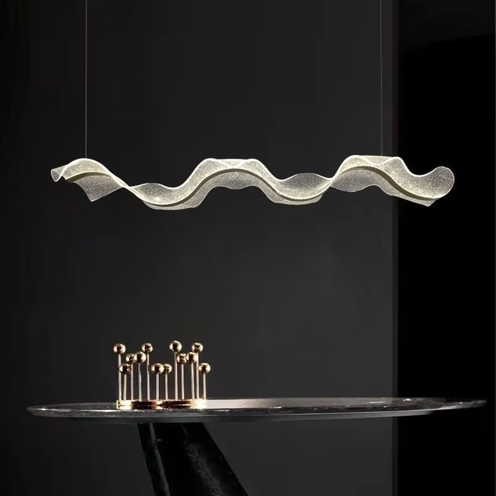 This is a modern art-style wavy suspended chandelier, made of white light-transmitting panels to create a dynamic undulating wave shape, with both decorative and lighting functions, ideal for commercial spaces such as front desks and reception areas.