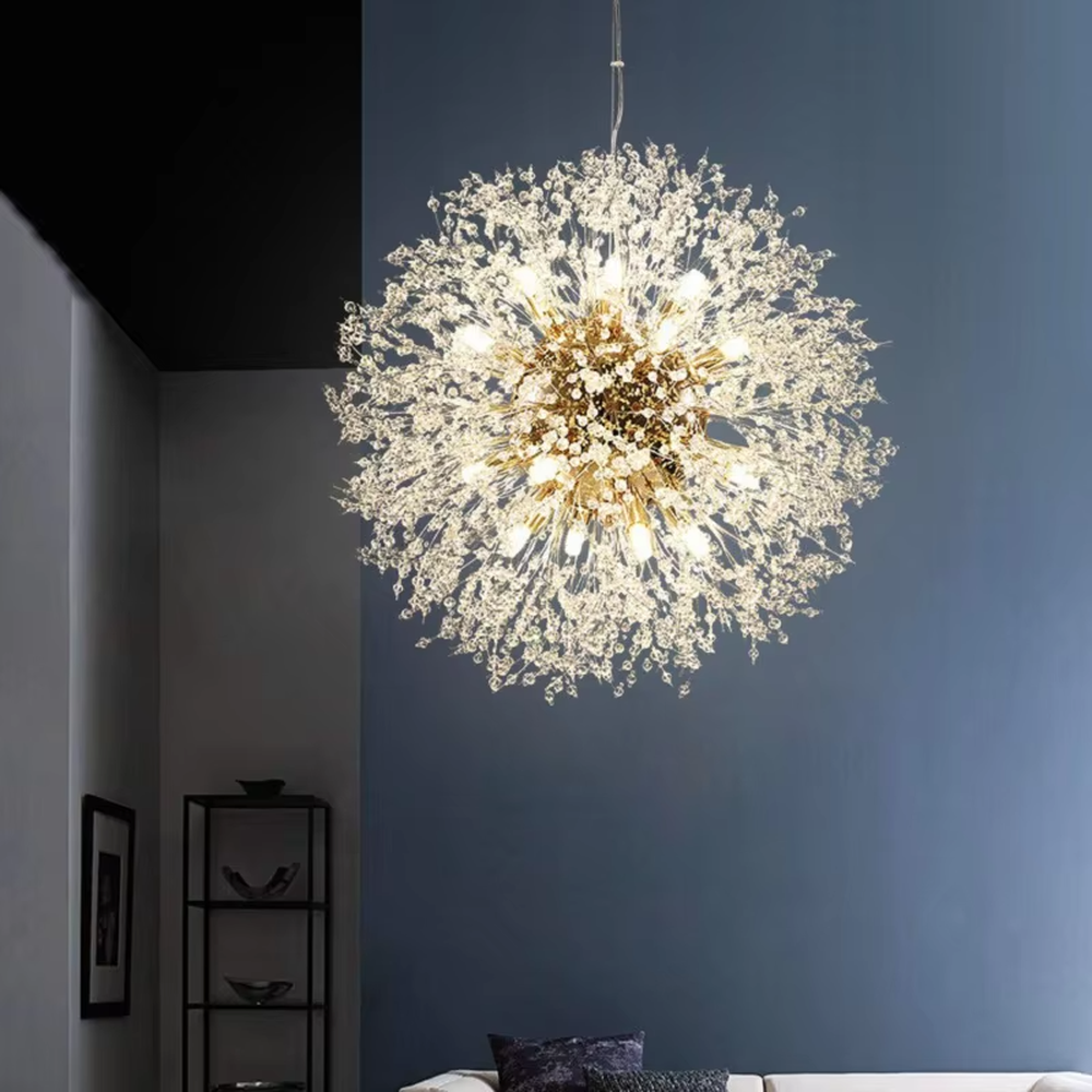 This is a modern light luxury dandelion firework-shaped chandelier, featuring a gold metal core paired with radial crystal branches, as brilliant and dynamic as a blooming firework. It emits soft and warm light, serving both lighting and artistic decoration purposes, suitable for light luxury dining rooms, open kitchen islands, bars, internet-famous homestays and other scenarios.