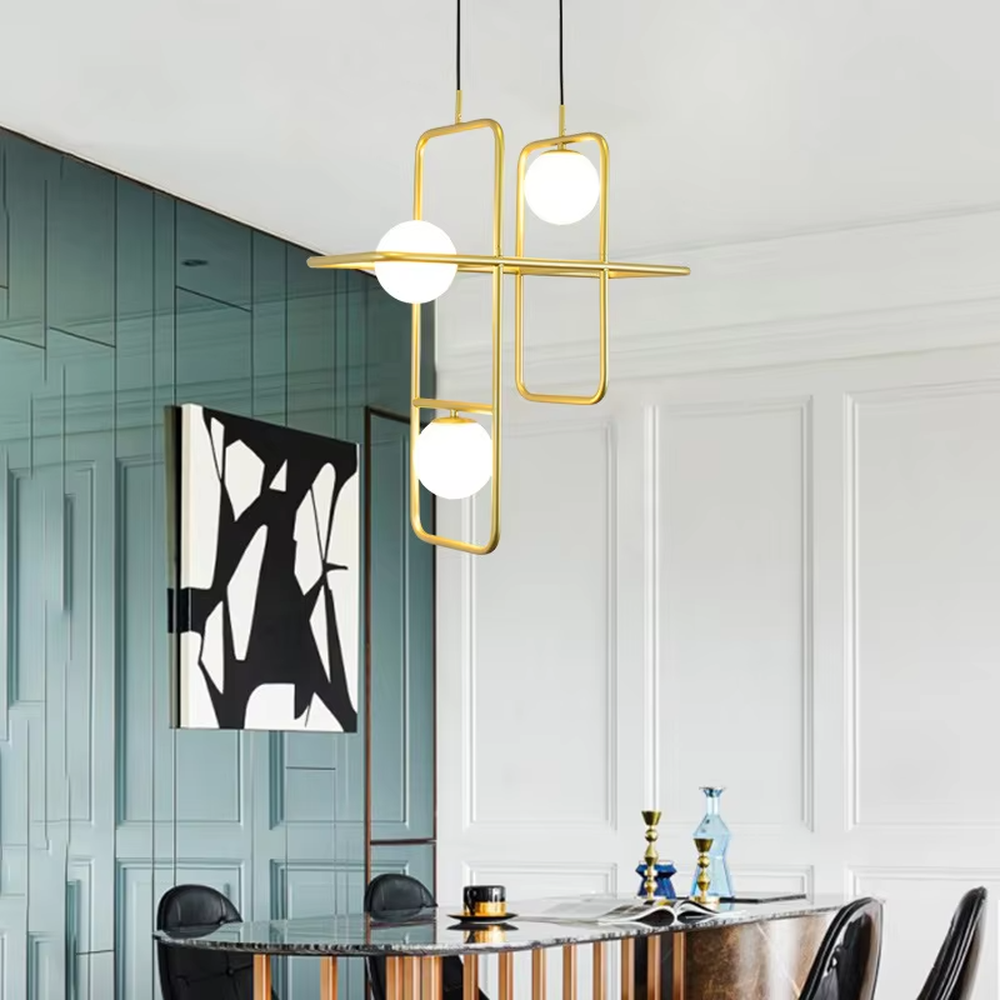 A modern minimalist style geometric line chandelier, featuring an asymmetric frame made of gold metal paired with milky white glowing spheres, combining decorative appeal with practical illumination, ideal for creating a minimalist and sophisticated space atmosphere.
