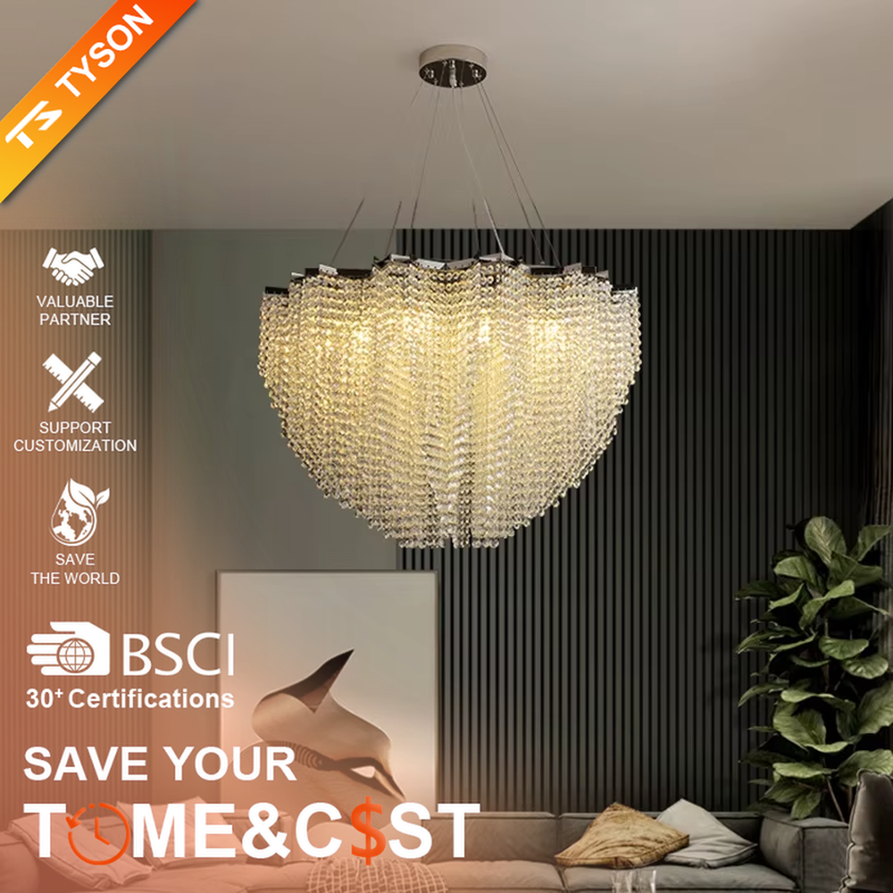 Romantic heart-shaped layered crystal chandelier, crafted with high-density crystal particles to create a full heart shape, paired with a metal top base and adjustable suspension rods, featuring soft and brilliant light, combining decorative and lighting functions, suitable for wedding rooms, bedrooms, high-end restaurants, romantic theme clubs and other spaces.