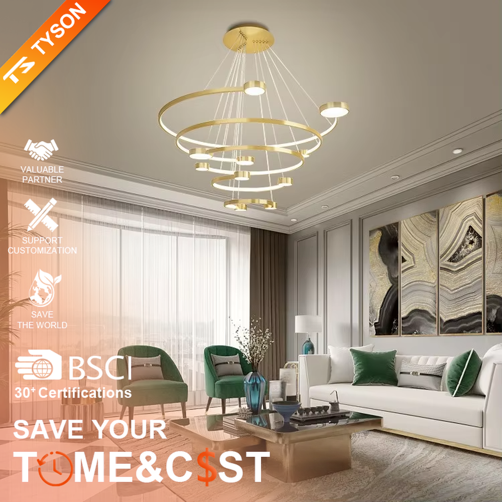 A modern light luxury multi-layer ring floating chandelier, featuring a golden metal ring structure paired with LED light strips and a bottom circular luminous panel. It has an adjustable suspension rod design, combining lighting and decorative functions, ideal for creating an elegant and high-end space atmosphere.