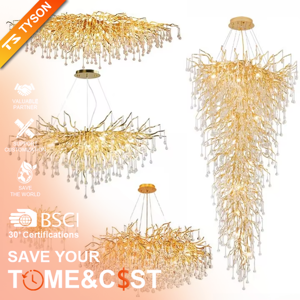 This is a light luxury style linear branch crystal chandelier, featuring a gold metal branch structure paired with crystal pendants, as brilliant and dynamic as blooming fireworks. It emits soft and warm light, serving both lighting and artistic decoration purposes, suitable for light luxury dining rooms, large flat-floor living rooms, high-end clubs, showrooms and other scenarios.