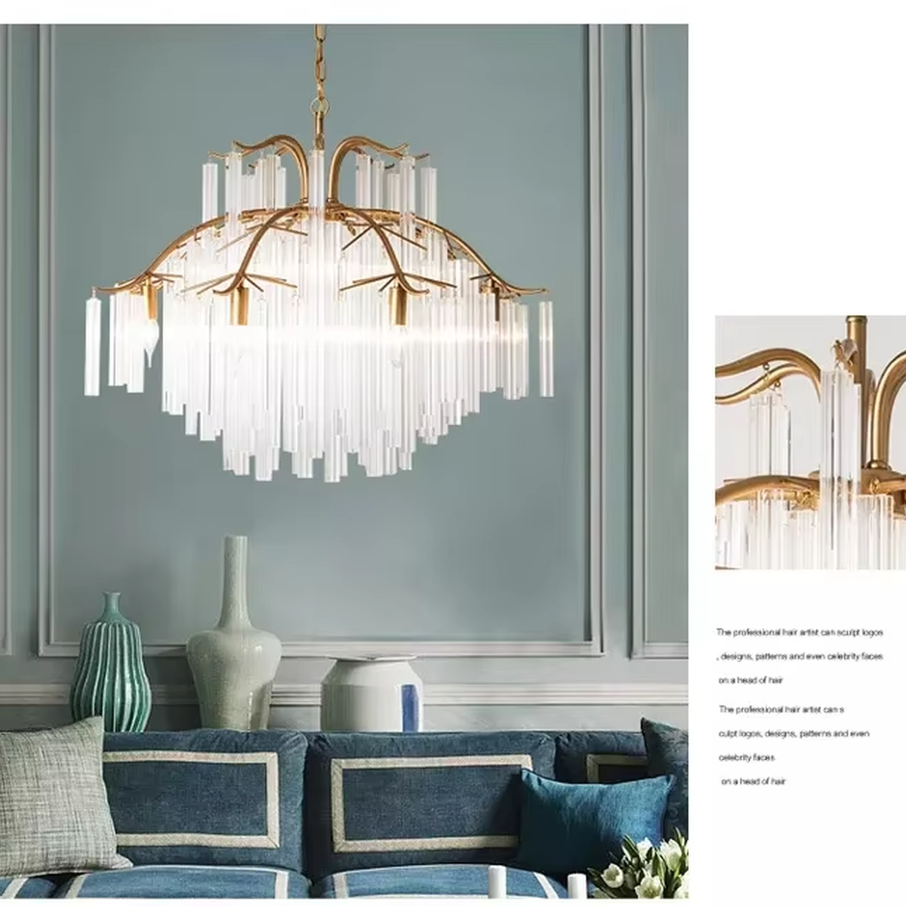 This light luxury golden branch cloud waterfall chandelier features a cloud shape made of golden branch-like metal frames and transparent crystal strips, with light refracting a soft halo through the crystals, serving both lighting and decorative purposes, suitable for modern light luxury spaces such as living rooms and dining rooms.