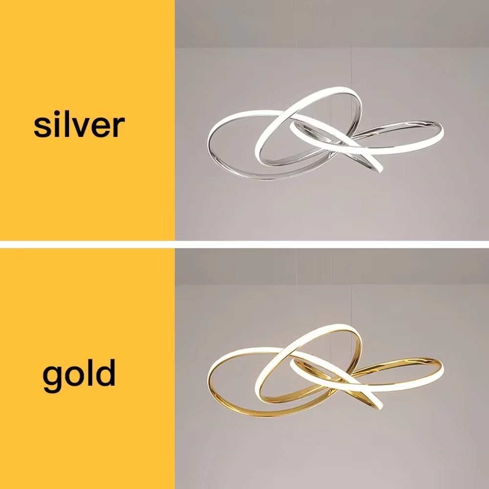 A modern light luxury style interwoven ring LED chandelier, featuring a smooth interwoven multi-ring frame made of gold metal, with built-in high-brightness LED strips. It emits soft and uniform warm light when lit, combining decorative appeal with practical illumination, ideal for creating a minimalist and sophisticated space atmosphere.